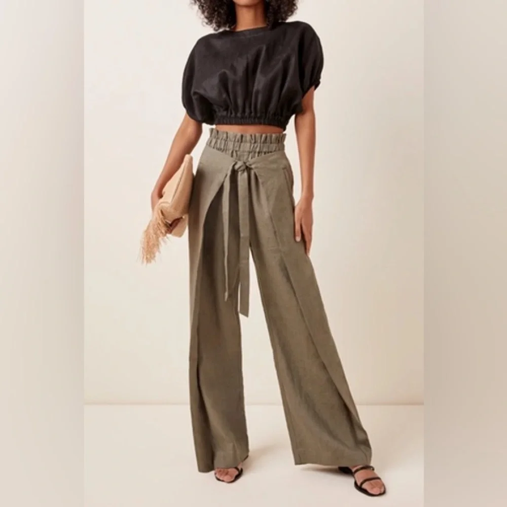 CULT GAIA - Olive Green Linen High-Rise Pants - Small - Picture 2 of 8